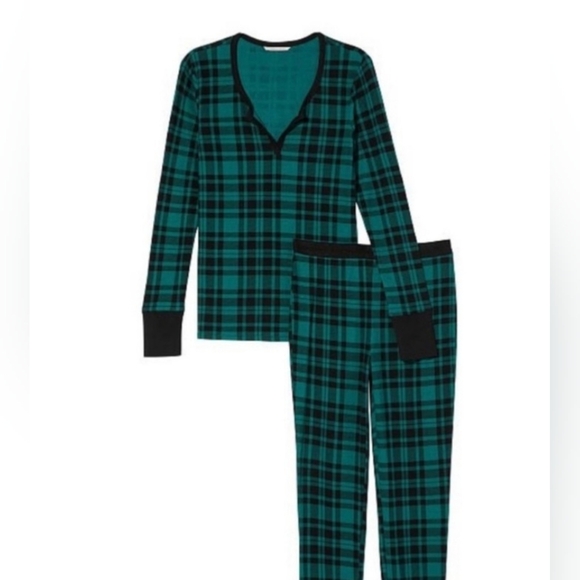 VICTORIA'S SECRET Thermal Long Pajama Set Green Buffalo Check NWT Sz Small - Picture 4 of 12